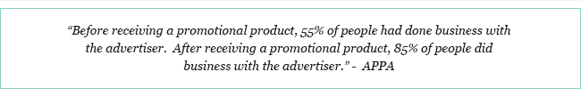 Before receiving a promotional product, 55% of people had done business with the advertiser.  After receiving a promotional product, 85% of people did business with the advertiser. -  APPA